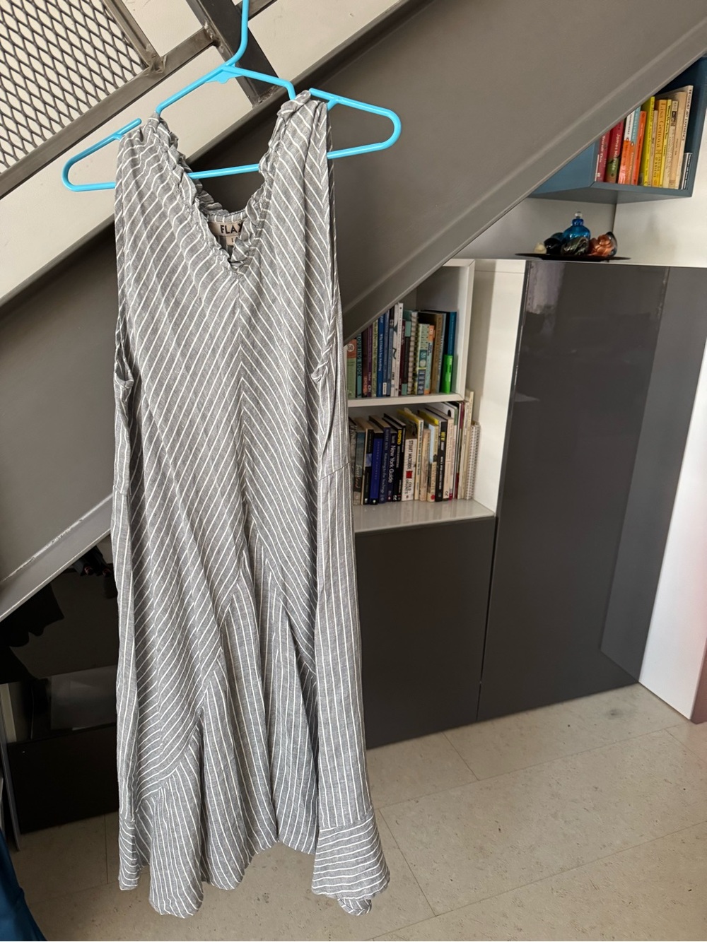 Flax Striped Gray and White Sleeveless Maxi linen dress.